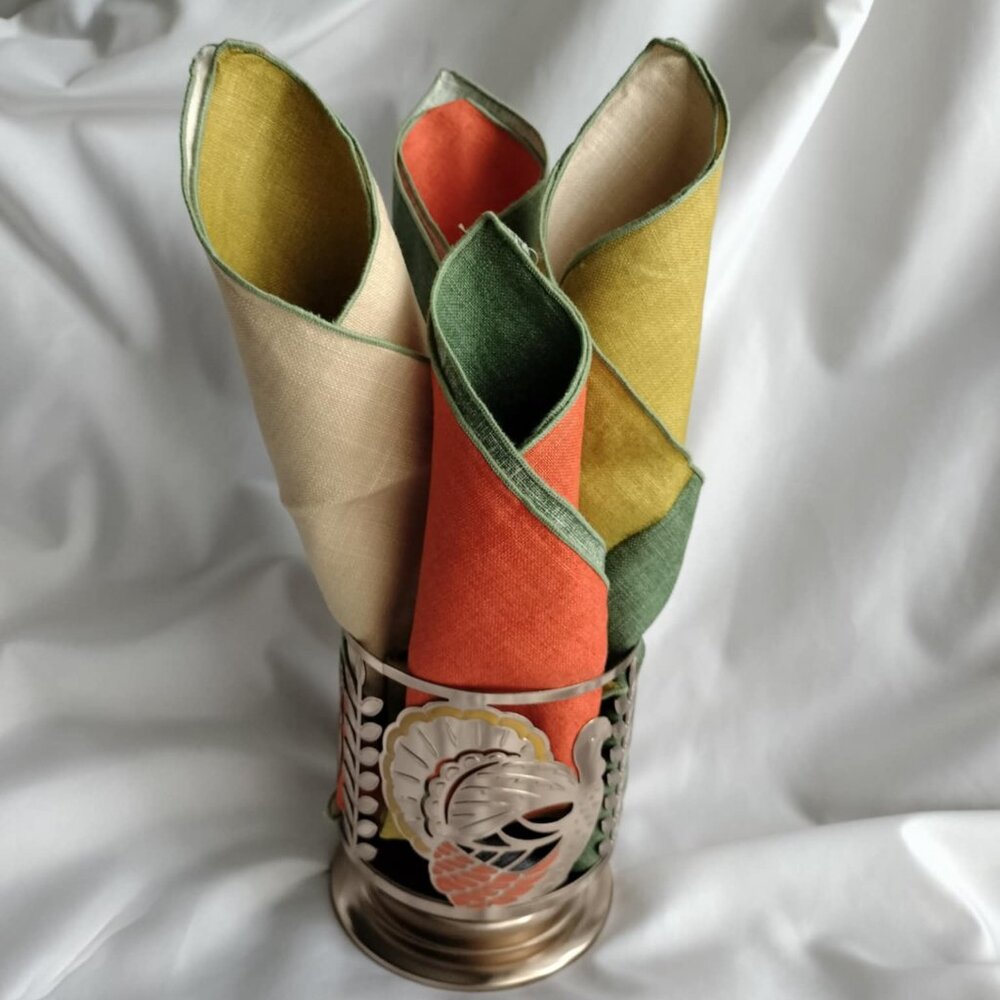 4 vintage linen fall color napkins and metal candle/napkin holder Thanksgiving